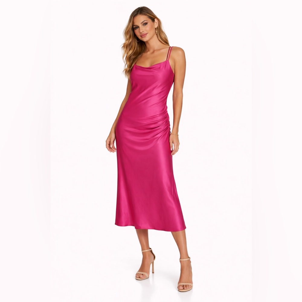 NWT Joie Pink Satin Ruched Slip Midi Dress Spaghetti Strap